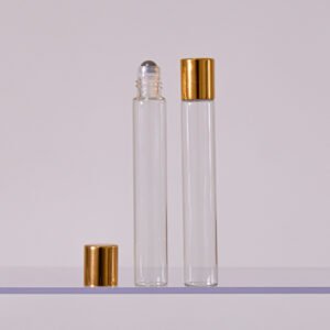 FRASCO VIDRO ROLL ON 10 ML FINO TRANSPARENTE TAMPA OURO