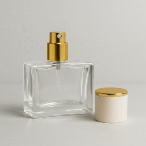FRASCO PERFUME 30 ML VIDRO COM VÁLVULA OURO E TAMPA BEGE