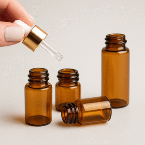 FRASCO DE VIDRO AMBAR 5 ML CONTA GOTAS - Branco e dourado