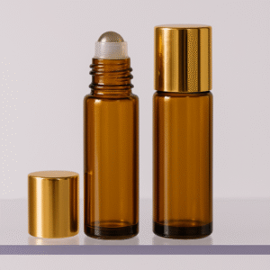 FRASCO DE VIDRO ROLL ON 5 ML AMBAR COM TAMPA OURO