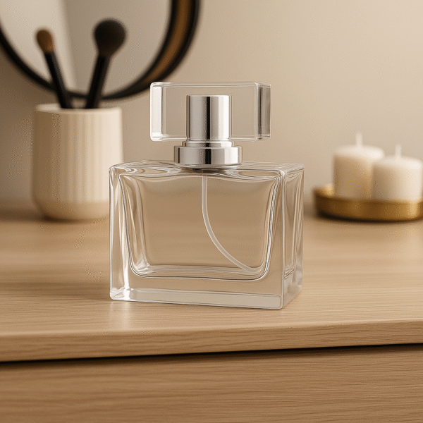 FRASCO DE VIDRO PARA PERFUME 30ML COM VÁLVULA SPRAY LUXO PRATA E TAMPA ACRÍLICA