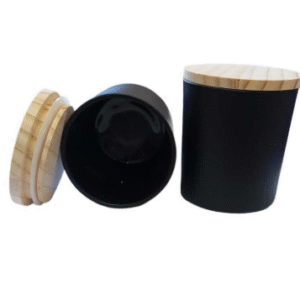 POTE DE VIDRO 220ML COM TAMPA MADEIRA E ANEL DE VEDAÇÃO EM SILICONE - preto