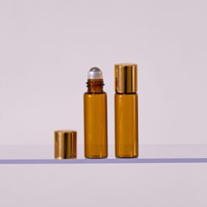 FRASCO DE VIDRO ROLL ON 5 ML AMBAR COM TAMPA OURO